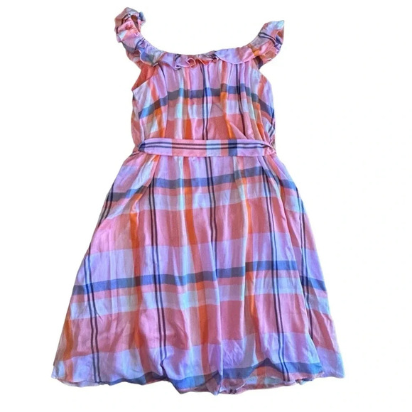Ann Taylor Tall Madras Plaid Ruffle Square Neck Midi Dres Pink Multicolor - Picture 6 of 8